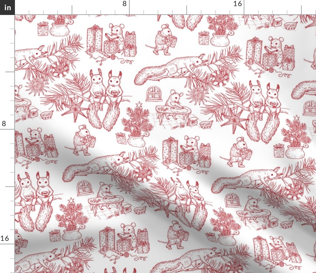 Woodland Christmas toile - red on white - happy woodland animals prepare for Christmas - small scale