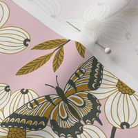 Dogwood blossoms and butterflies on light pink - small scale