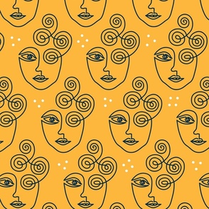 Boho morning faces continuous line drawing deep yellow navy blue
