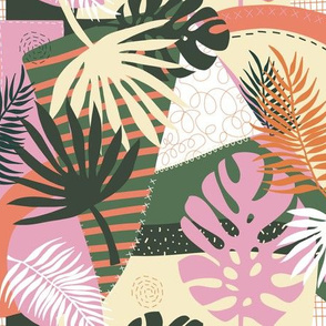 Pink Green White Summer Collage Palm Tree Leaves