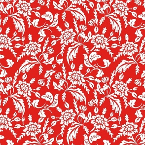 Luxe Maxima- Folk Florals and Birds- White Red- Regular Scale