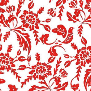 Luxe Maxima- Folk Florals and Birds- Red White- Large Scale