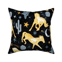 Magical West- Wild Horses in Mystical Desert- Buff American Yellow Canyon Blue White on Black- Large Scale