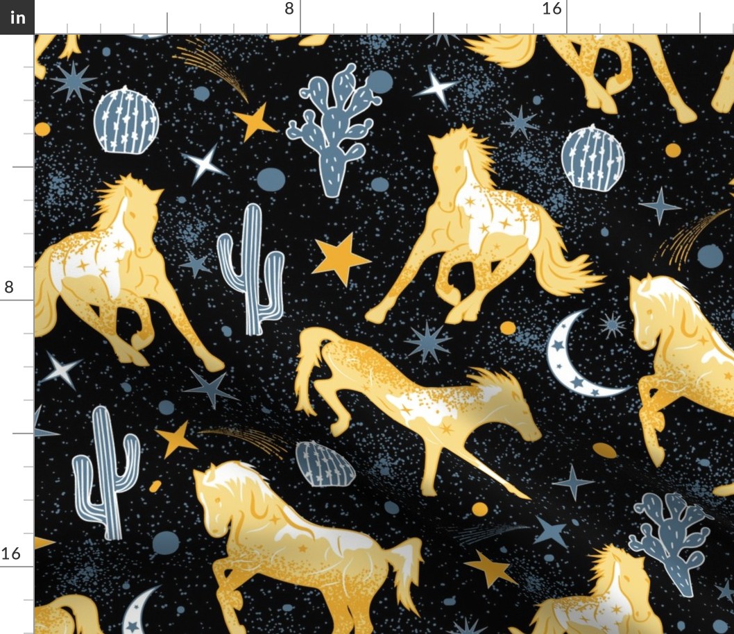 Magical West- Wild Horses in Mystical Desert- Buff American Yellow Canyon Blue White on Black- Large Scale