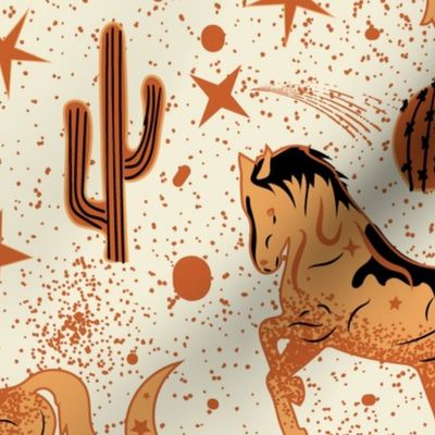 Magical West- Wild Horses in Mystical Desert- Fawn Burnt Orange Black on Eggshell- Large Scale