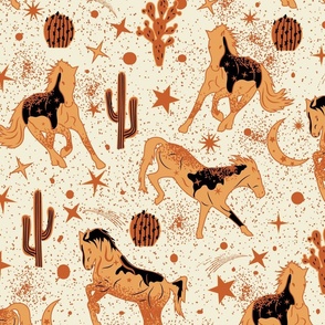 Magical West- Wild Horses in Mystical Desert- Fawn Burnt Orange Black on Eggshell- Large Scale