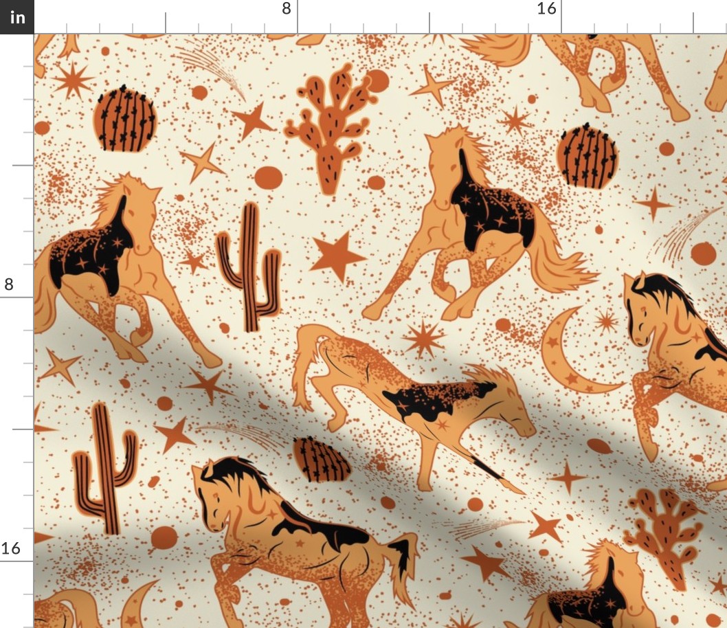 Magical West- Wild Horses in Mystical Desert- Fawn Burnt Orange Black on Eggshell- Large Scale