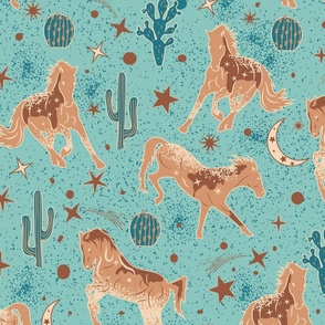 Magical West- Wild Horses in Mystical Desert- Cream Copper Terra Cotta Teal on Turquoise- Large Scale