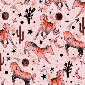 Magical West- Wild Horses in Mystical Desert- Pink Orange Black on Pale Pink- Large Scale