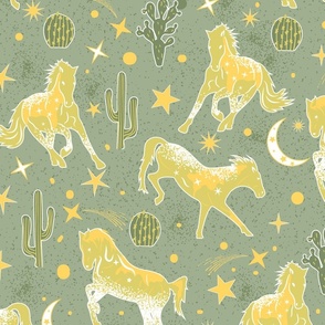 Magical West- Wild Horses in Mystical Desert- Citron Golden Yellow White Artichoke on Sage Green- Large Scale