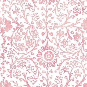 Indian Woodblock in Rose Pink on White (xl scale) | Rustic floral, hand block printed pattern in pink and white, botanical print, pink block print design.