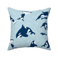 Ocean Harmony- Pod of Killer Whales- Midnight White Orcas on Sky Blue- Large Scale