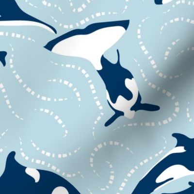 Ocean Harmony- Pod of Killer Whales- Midnight White Orcas on Sky Blue- Large Scale