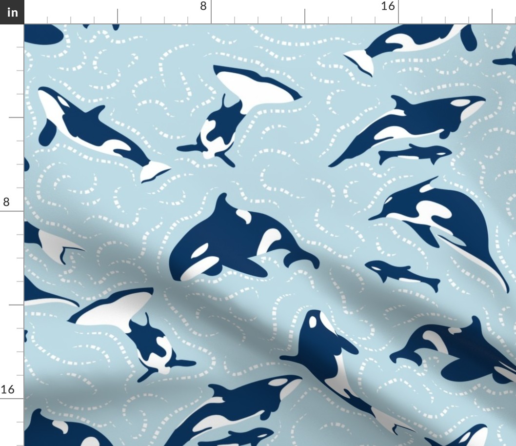 Ocean Harmony- Pod of Killer Whales- Midnight White Orcas on Sky Blue- Large Scale