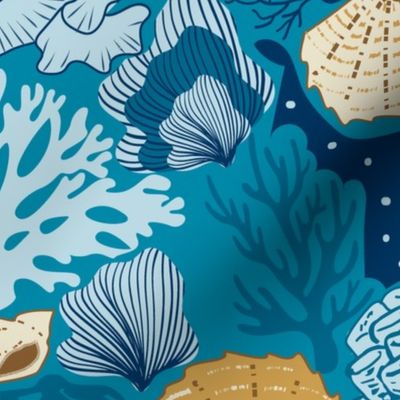 Shell Reef- Seashells on the ocean floor- Gold Isabelline shells in Midnight Sky Blue Coral Reef on Cerulean Blue- Large Scale