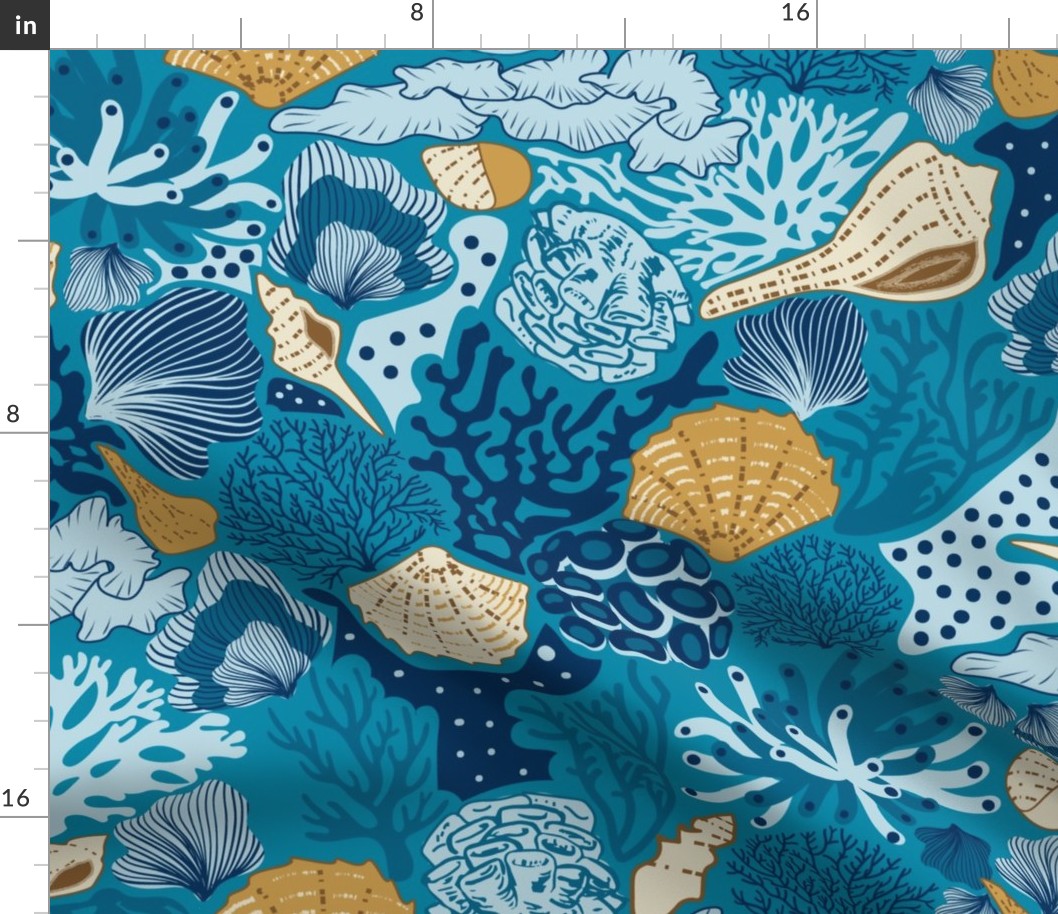 Shell Reef- Seashells on the ocean floor- Gold Isabelline shells in Midnight Sky Blue Coral Reef on Cerulean Blue- Large Scale