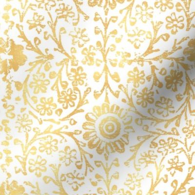 Indian Woodblock in Gold on White ( xl scale) | Rustic gold floral, hand block printed pattern in yellow and white, botanical print, gold yellow block print design.