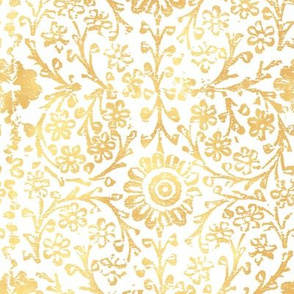 Indian Woodblock in Gold on White ( xl scale) | Rustic gold floral, hand block printed pattern in yellow and white, botanical print, gold yellow block print design.