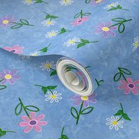 Embroidered Flowers  on Cornflower Blue Marble