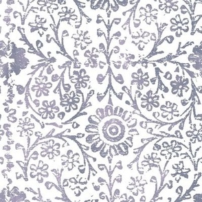 Indian Woodblock in Silver on White (xl scale) | Rustic silver floral, hand block printed pattern in gray and white, botanical print, silver gray block print design.