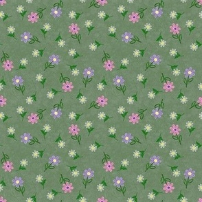 Embroidered Flowers  on Sage Green Texture