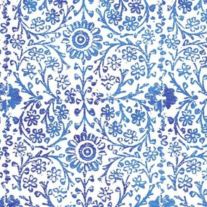 Indian Woodblock in Sapphire Blue on White (large scale) | Rustic blue floral, hand block printed pattern in bright cobalt blue and white, botanical print, blue block print design.