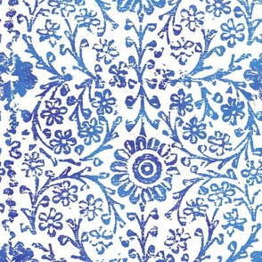 Indian Woodblock in Sapphire Blue on White (xl scale) | Rustic blue floral, hand block printed pattern in bright cobalt blue and white, botanical print, blue block print design.