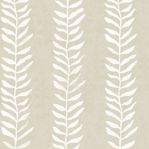 Botanical Block Print, White on Sandstone (large scale) | Leaf pattern fabric from original block print, Edgecomb gray, neutral decor, plant fabric, white and taupe.