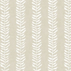 Botanical Block Print, White on Sandstone | Leaf pattern fabric from original block print, Edgecomb gray, neutral decor, plant fabric, white and taupe.