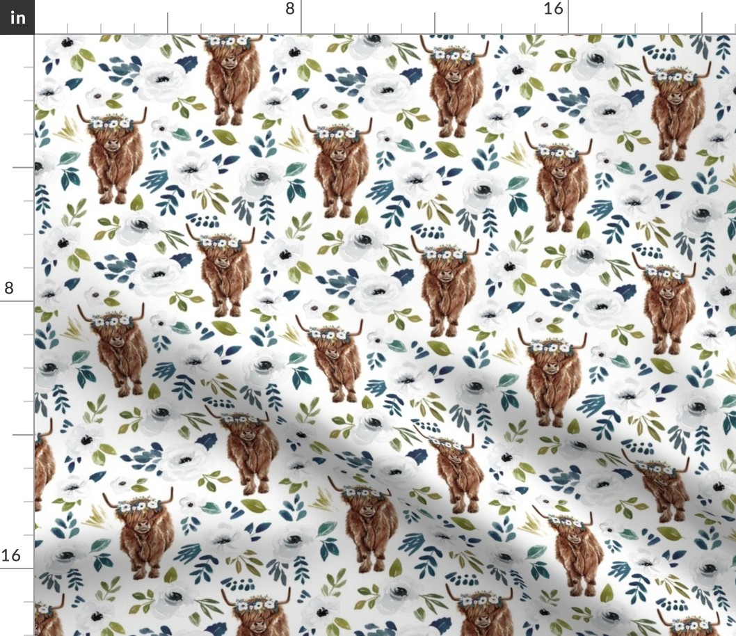 Highland Cow with Avaleigh White Floral Medium