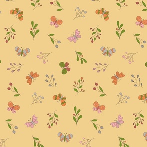 Gray, pink, red, green, and orange butterflies & modern flowers, yellow background