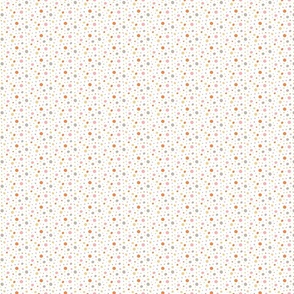 Pink, gray, yellow, and orange dots on a white background