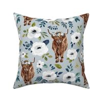 Highland Cow with Avaleigh Floral on Blue Large