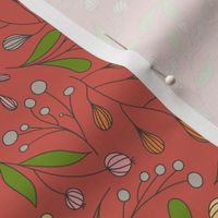 Orange, pink, gray, and yellow modern stylized flowers, red background