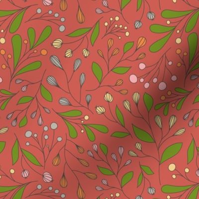 Orange, pink, gray, and yellow modern stylized flowers, red background