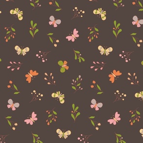Gray, pink, green, yellow, and orange butterflies & modern florals, brown background