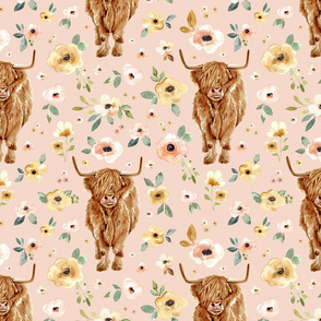 Highland Cows and Sunrise Floral on Pink Large
