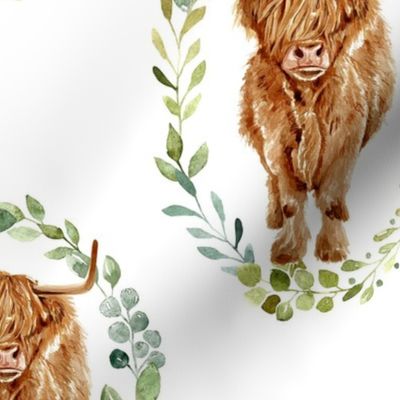 Highland Cows with Greenery Wreath Large