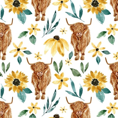 Highland Cow Floral on Cream Seamless Pattern