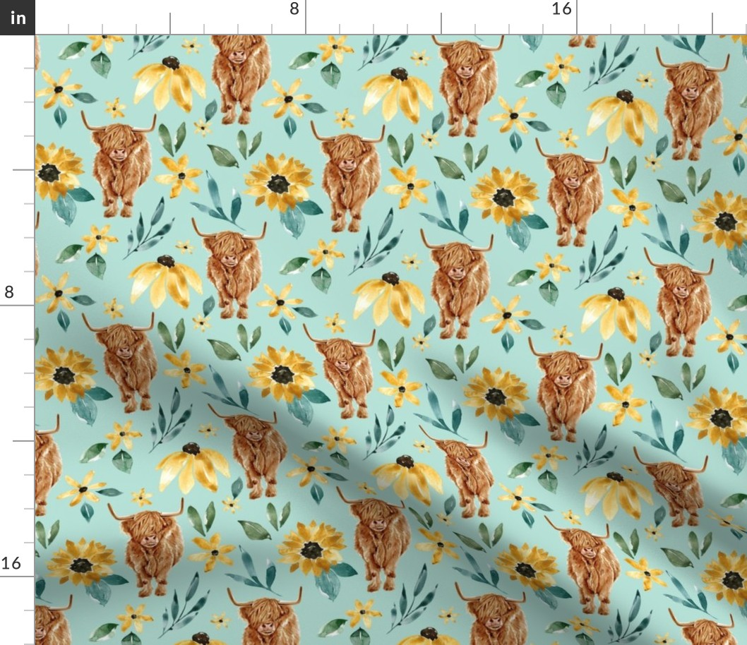 Highland Cow and Sunflowers on Blue Medium