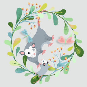 mama and baby possum - fat quarter panel gray