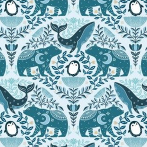 Small  scale Blue Arctic friends, penguin bear and whale, art nouveau floral