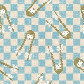 Cutie Pie Checkerboard -  Aqua/Tan  Linen 