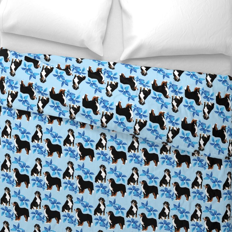 Bernese Mountain Dog blue flowers dog fabric