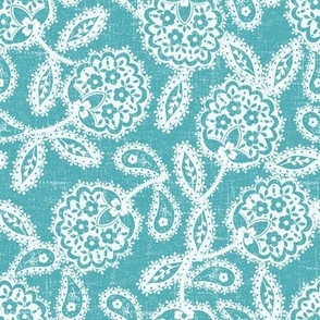 Lilly’s Lace –  White on Teal Linen 