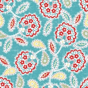 Lilly’s Lace_ Red/White/Moss on Teal Linen 