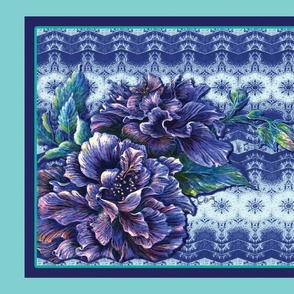 Tropical Hibiscus Floral Blue Tea Towel Cut & Sew Fat Quarter 27x18