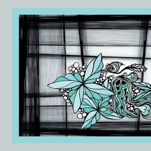 Sweetheart Bouquet Aqua Gray Black, Tea Towel, Wall Hanging, Embroidery 27x18