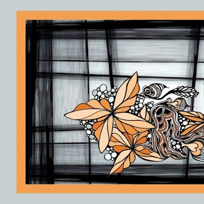 Sweetheart Bouquet Orange Gray Black, Tea Towel, Wall Hanging, Embroidery 27x18