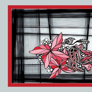 Sweetheart Bouquet Red Gray Black, Tea Towel, Wall Hanging, Embroidery 27x18